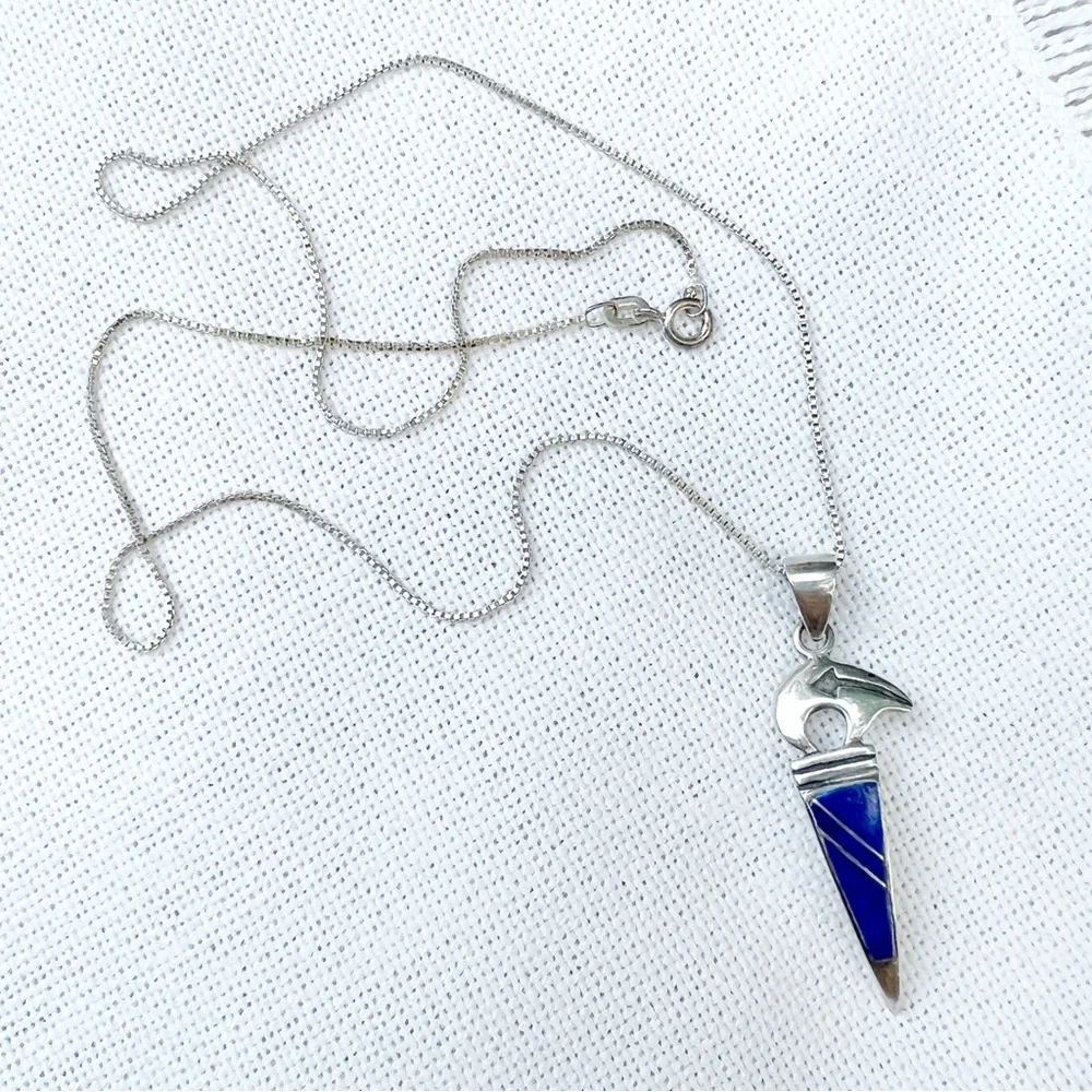 VINTAGE Southwestern Lapis & Sterling Silver Spirit Bear Pendant Necklace Unisex